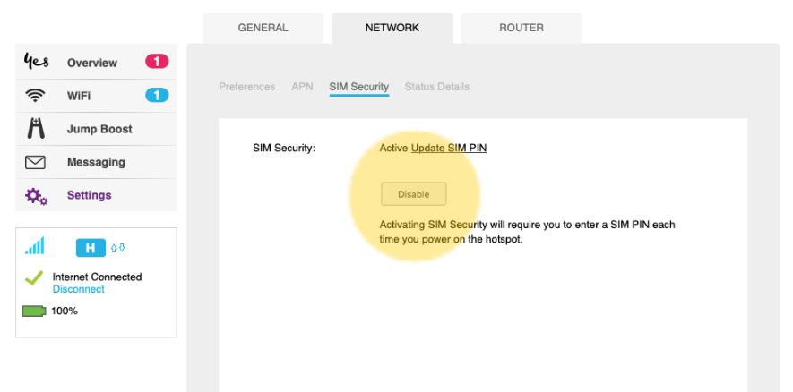 Settings > Network > SIM Security > Disable