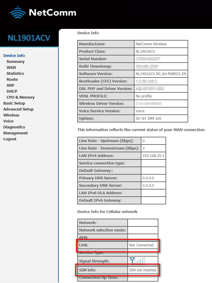 Link Not Connected, SIM info: SIM not inserted