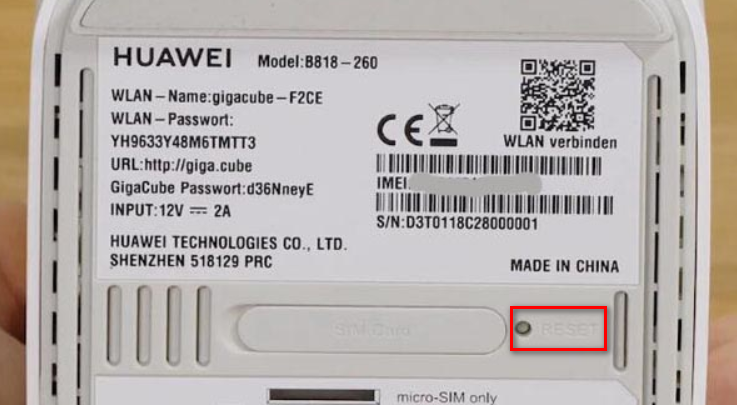 Huawei B818 or B628 reset button