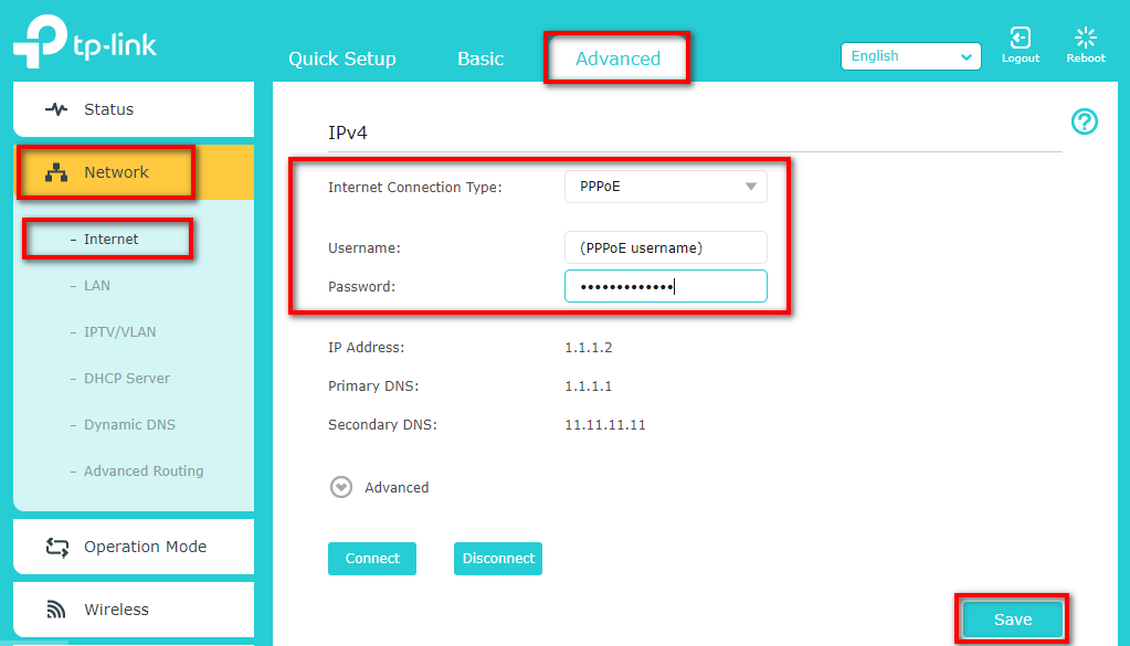 tp link modem advanced tab