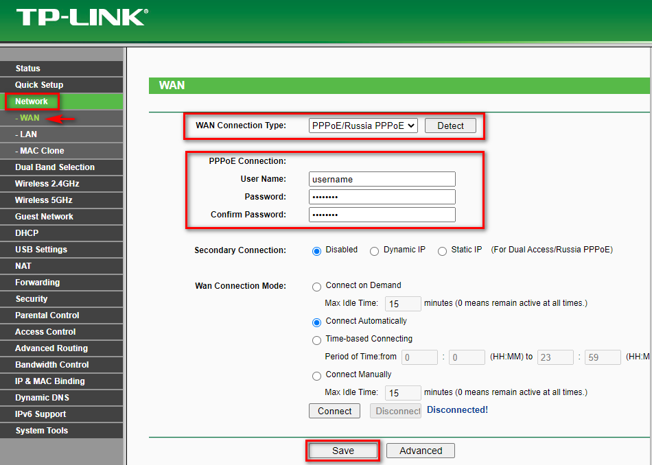 tp link modem wan network