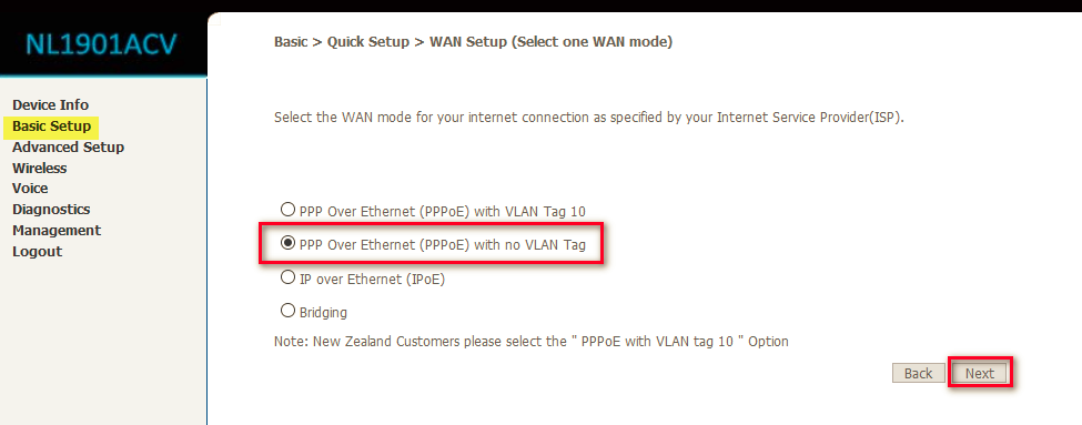 WAN setup page for VDSL