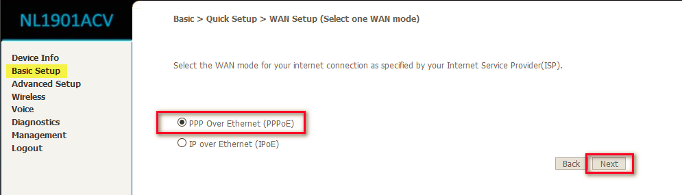 WAN setup page for ethernet